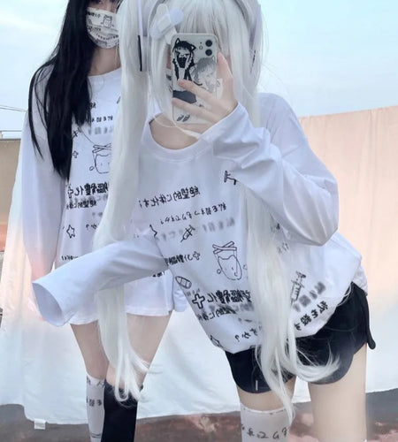 White Long Sleeve Shirts for Women Japanese Cute Tshirts 2023 Ropa Mujer O-neck Oversized Tops Anime Print Casual Y2k T Shirt