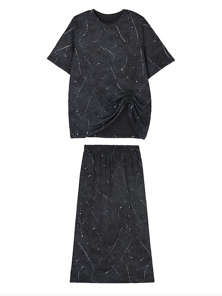 Printed Pleated T-shirt Skirt Two Pieces Suit New Round Neck Short Sleeve Women Fashion Tide Spring Summer 2025 1DJ1161