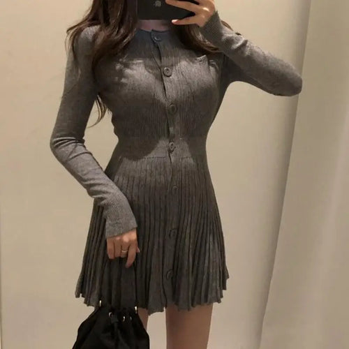 Load image into Gallery viewer, Vintage Knitted Pleated Dress Autumn Retro Casual Knitwear Sweater Mini Dress Long Sleeve Robe Femme Vestidos Clothes
