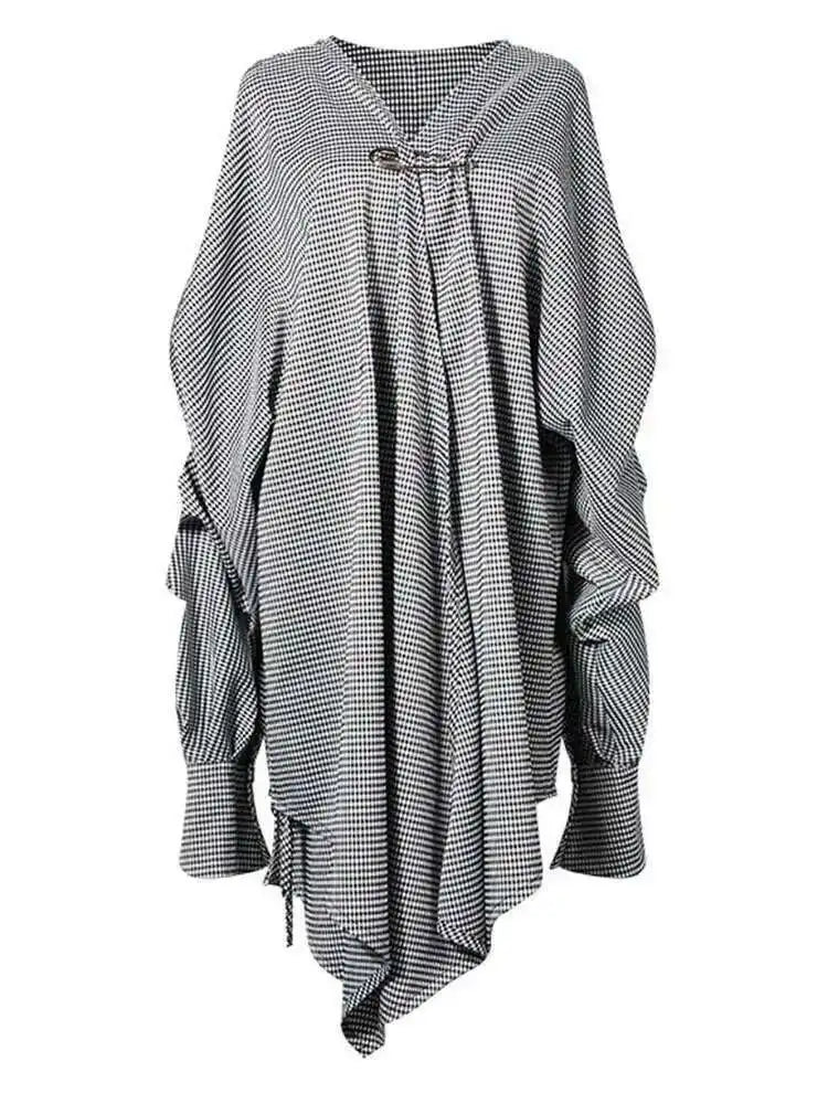 Women Black Plaid Irregular Stitch Big Size Dress New V-Neck Long Sleeve Loose Fit Fashion Tide Spring Autumn 2025 JG892