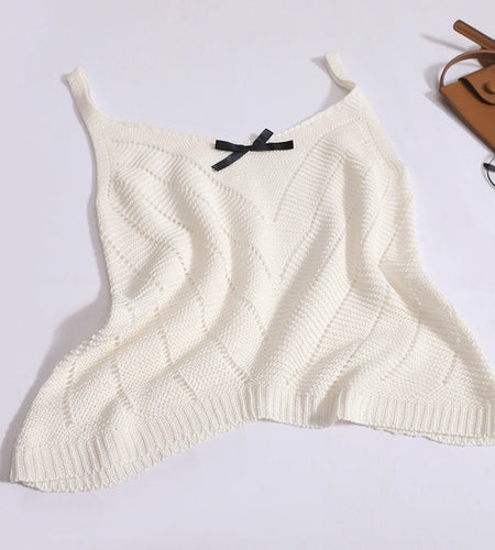 Solid Sexy Hollow Out V Neck Bow Slip Tank Tops Summer Women Sleeveless Holiday Short Vest Casual Street Clothes Fashion Casual