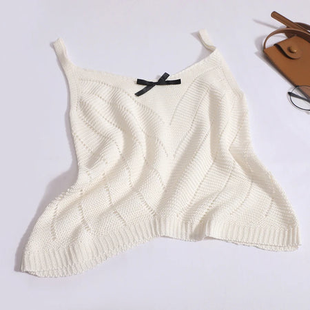 Solid Sexy Hollow Out V Neck Bow Slip Tank Tops Summer Women Sleeveless Holiday Short Vest Casual Street Clothes Fashion Casual
