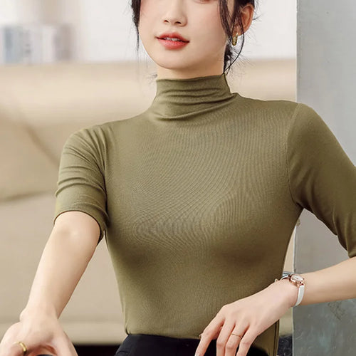 Load image into Gallery viewer, Half Turtleneck Milk Silk Tops Women Short Sleeve Slim T-Shirt Solid Color Basic Trend Bottoming Shirt High Street Women Blouse
