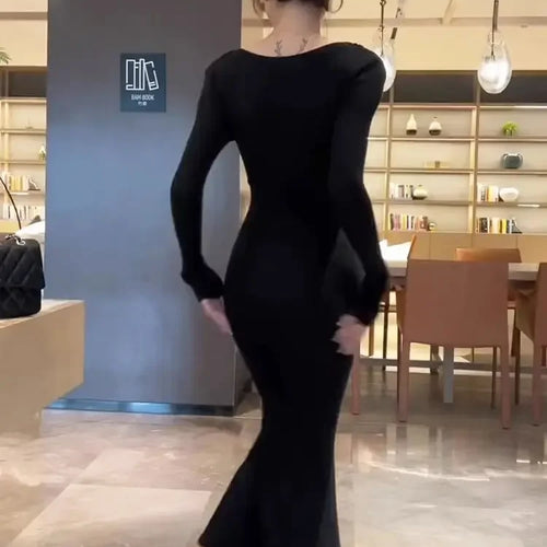 Load image into Gallery viewer, Vintgae Long Sleeve Midi Black Dress with Belt Autumn Bodycon Wrap Slim Sheath Sexy Retro Solid New Dresses Skinny
