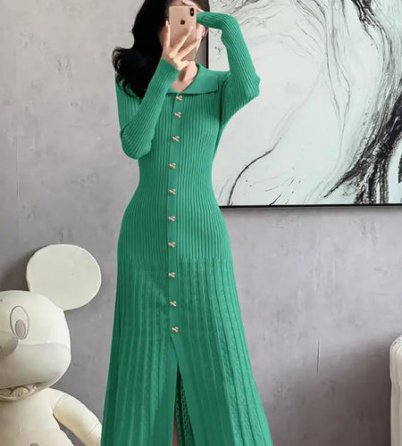 Autumn 2024 New Women's Black Beige Single Breasted Knitted Long Dress Green Elegant Office Lady Long Sleeve Pleated Dress Trend