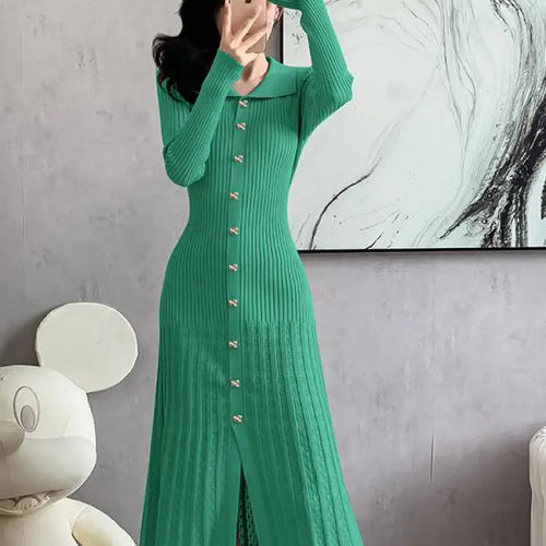 Load image into Gallery viewer, Autumn 2024 New Women's Black Beige Single Breasted Knitted Long Dress Green Elegant Office Lady Long Sleeve Pleated Dress Trend
