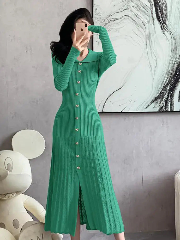 Autumn 2024 New Women's Black Beige Single Breasted Knitted Long Dress Green Elegant Office Lady Long Sleeve Pleated Dress Trend