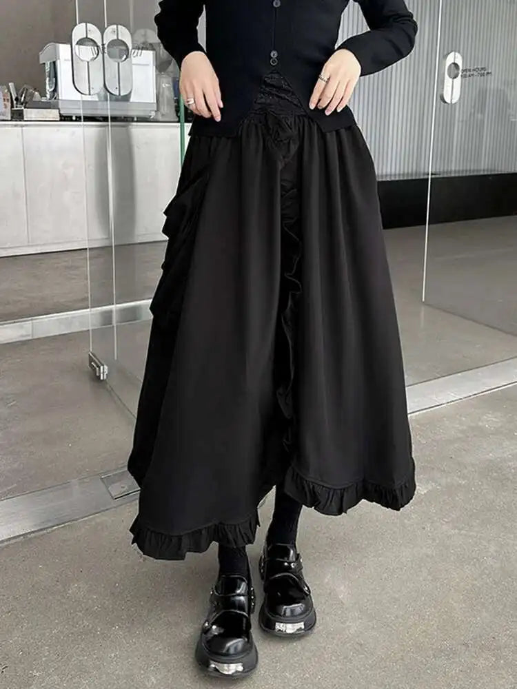 High Elastic Waist Black Ruffles Irregular Pocket A-line Half-body Skirt Women Fashion Tide New Spring Autumn 2025 1DH8737