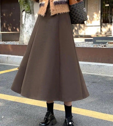 Black Woolen Long Skirt Women Autumn Winter Brown Vintage Elegant Female A Line High Waist Red Umbrella Skirt Thick Fashion