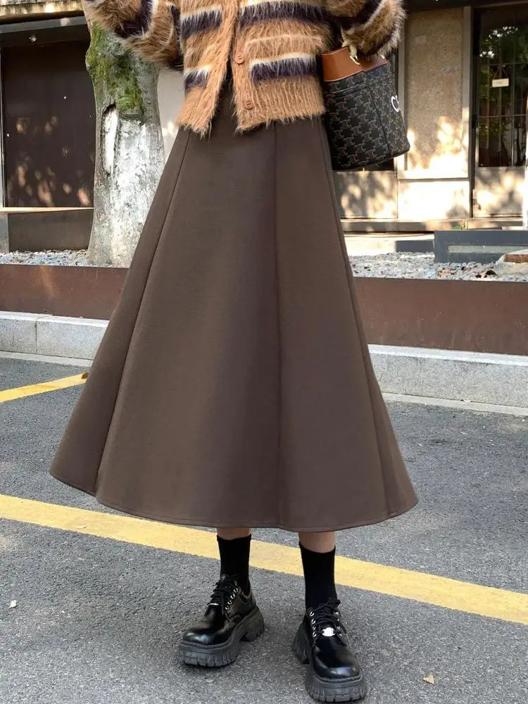 Black Woolen Long Skirt Women Autumn Winter Brown Vintage Elegant Female A Line High Waist Red Umbrella Skirt Thick Fashion