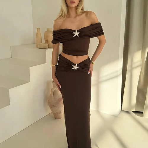 Load image into Gallery viewer, Sleeveless Sexy Skirt Two Pieces Sets Women Off-shoulder Crop Tops And Elegant Thigh Split Long Skirt Two Pieces Sets
