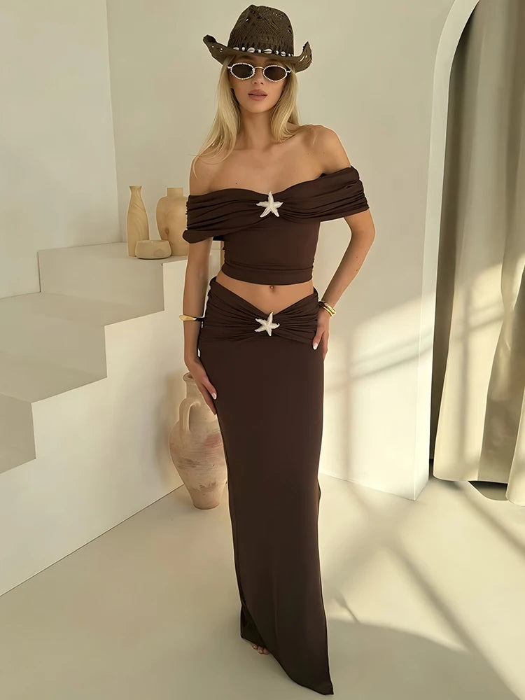 Sleeveless Sexy Skirt Two Pieces Sets Women Off-shoulder Crop Tops And Elegant Thigh Split Long Skirt Two Pieces Sets