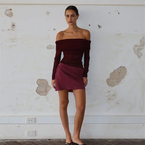 Load image into Gallery viewer, Hollow Out Off-shoulder Sexy Mini Dress Women Fashion Patchwork Strapless Long Sleeve Backless Ruched Club Dress
