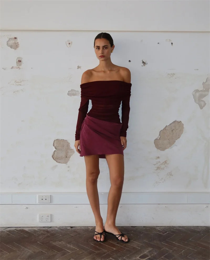 Hollow Out Off-shoulder Sexy Mini Dress Women Fashion Patchwork Strapless Long Sleeve Backless Ruched Club Dress