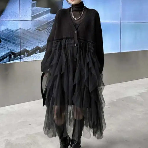 Load image into Gallery viewer, Women Black Big Size Knitting Mesh Irregular Sweater Dress New V-Neck Long Sleeve Fashion Spring Autumn 2025 1DH2366
