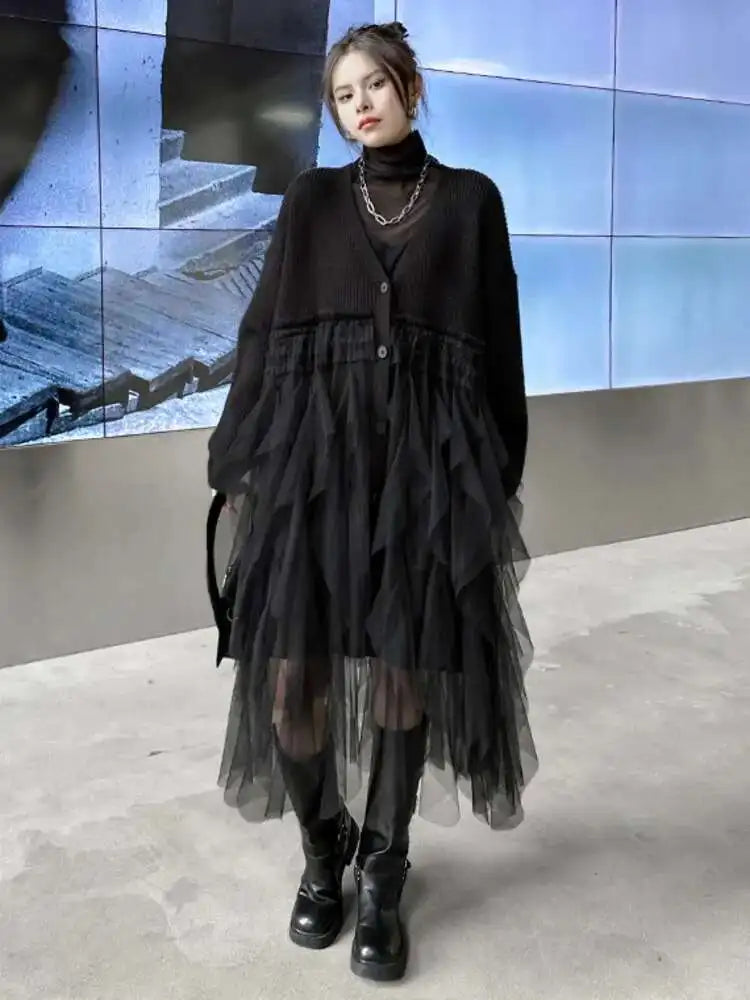 Women Black Big Size Knitting Mesh Irregular Sweater Dress New V-Neck Long Sleeve Fashion Spring Autumn 2025 1DH2366