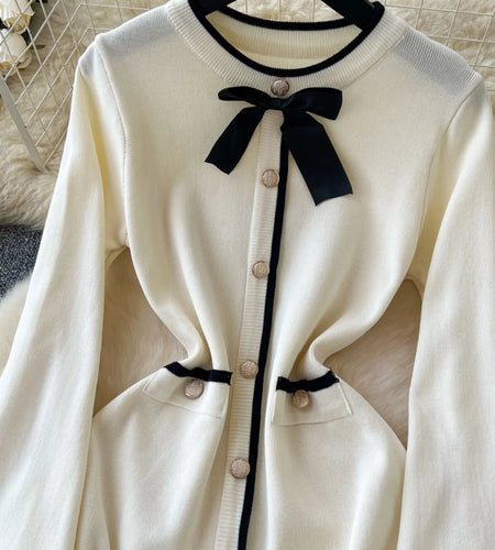 French Fashion Beige Patchwork Elegant Long Sleeves Round Neck Bow Mini Dress Women Autumn New Office Lady Short Knitted Dresses