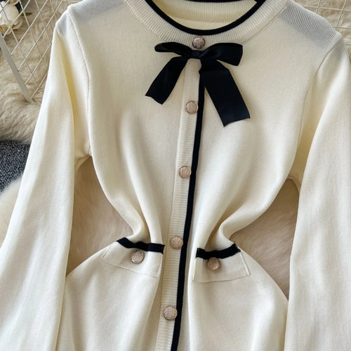 Load image into Gallery viewer, French Fashion Beige Patchwork Elegant Long Sleeves Round Neck Bow Mini Dress Women Autumn New Office Lady Short Knitted Dresses
