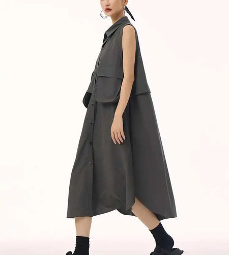 Women Black Shaped Pockets Big Size Midi Shirt Vest Dress New Lapel Sleeveless Fashion Tide Spring Autumn 2025 1DH9471