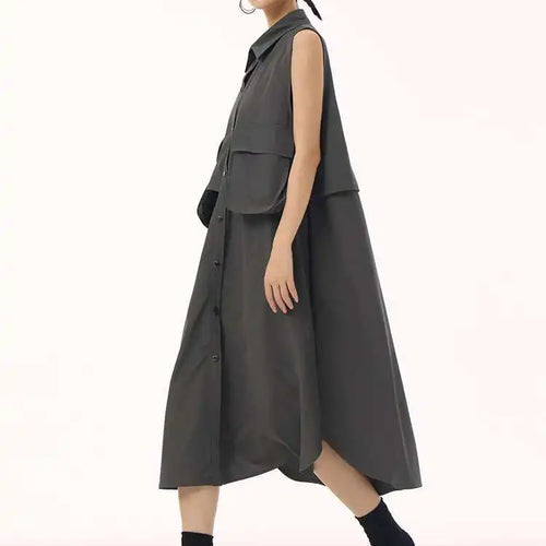 Load image into Gallery viewer, Women Black Shaped Pockets Big Size Midi Shirt Vest Dress New Lapel Sleeveless Fashion Tide Spring Autumn 2025 1DH9471
