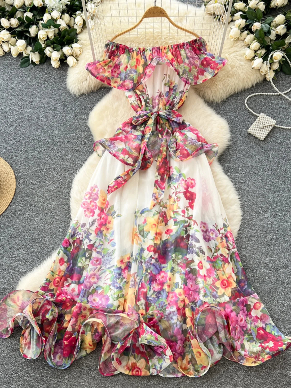 French Retro Women's Pink Green Print Elegant Off Shoulder Princess Dresses Spring Slim Lace-up Ruffles Evening Party Dress Boho