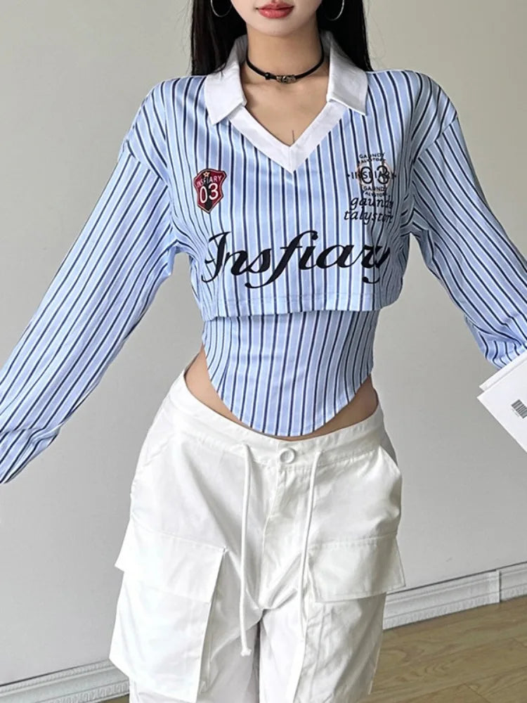 Preppy Style Cropped Streetwear Stripe Letter Printing T Shirts + Grunge Irregular Tank Top Women Y2k Aesthetic Two Pieces Set