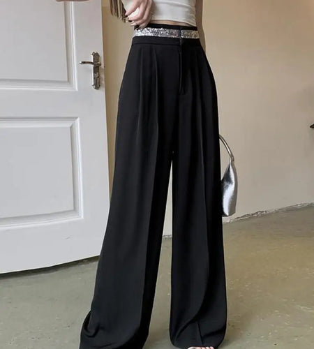 Spring Summer 2024 Black White Sequin Patchwork Wide Leg Trousers Women Vintage Gray High Waist Elegent Pleated Long Pant Korean
