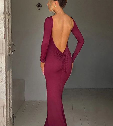 Spring Elegant Long Sleeve Backless Solid Cuched Sexy Slim Maxi Prom Dress Women Clothes Evening Party Birthday Club