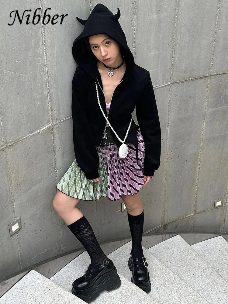 Gothic Little Devil Horn Jacket Women Hooded Zipper Long Sleeve Irregular Hem Autumn Cute Casual Trend Stretch Streetwear