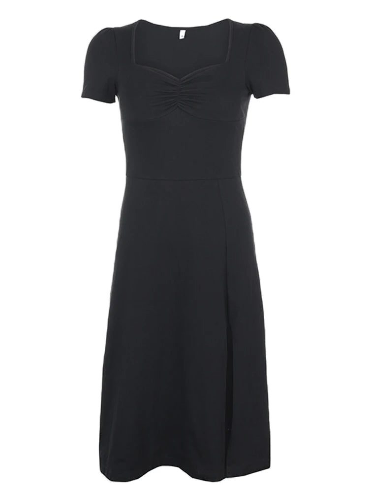 Square Neck Elegant Ruched Black Dress Side Split Short Sleeve Casual Dress Female Gothic Summer Dresses Sundress