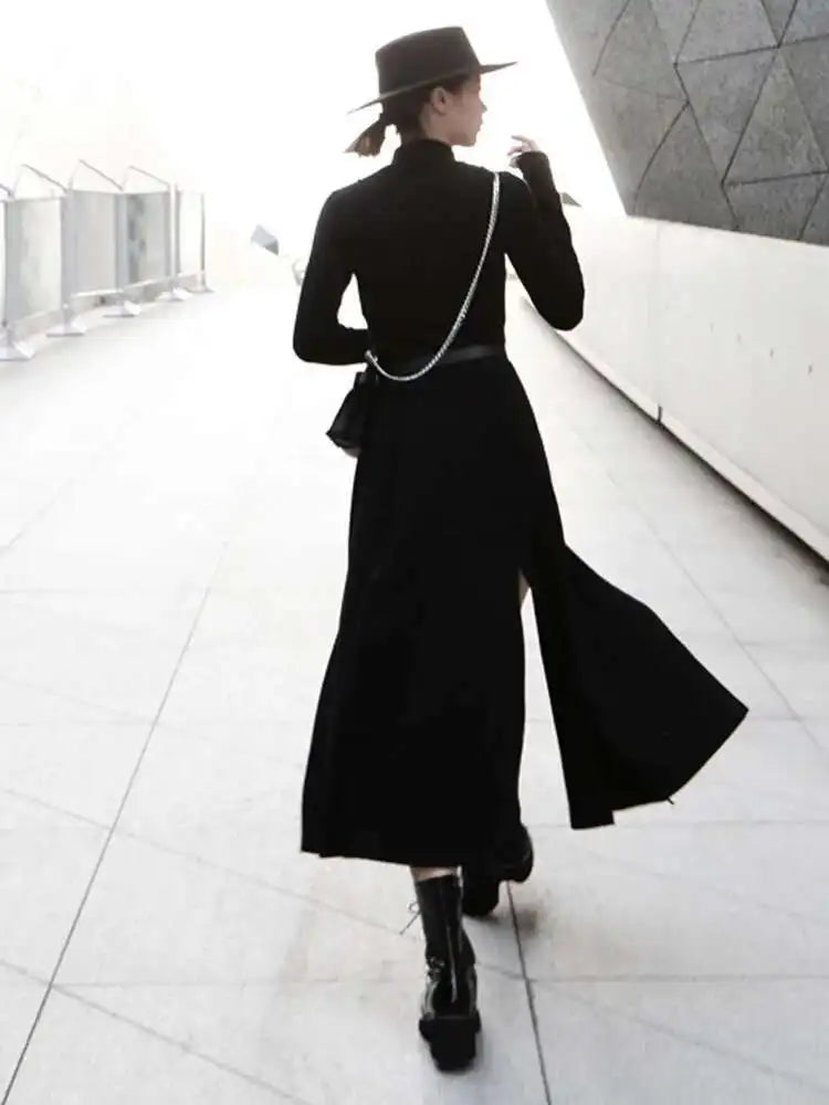 Women Red Hem Slit Long Irregular Dress New Turtleneck Long Sleeve Loose Fit Fashion Tide Spring Autumn 2025 1DF4817