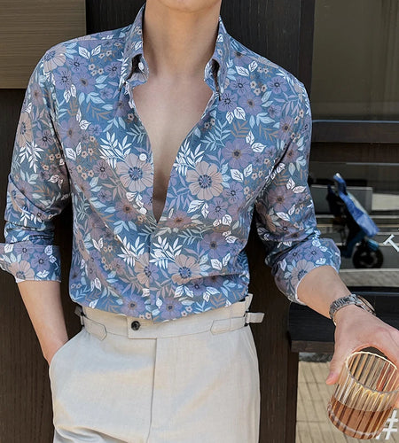 Men's Long Sleeved Printed Shirt Turn-down Collar Casual Stylish Single Breasted Style Male Handsome Clothing 9W1649