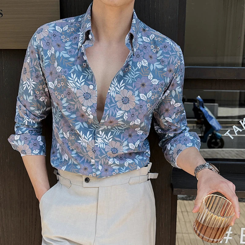 Men's Long Sleeved Printed Shirt Turn-down Collar Casual Stylish Single Breasted Style Male Handsome Clothing 9W1649