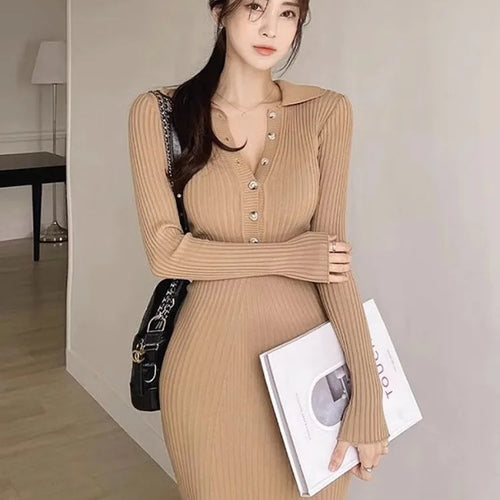 Load image into Gallery viewer, Autumn Knit Knitted Korean Vintage Bodycon Wrap Long Dress Women Kpop Elegant Long Sleeve Party Dresses
