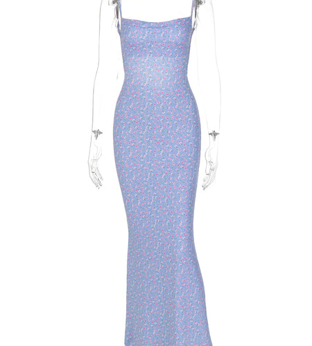 Flower Print Slip Sleeveless Backless Slim Sexy Maxi Dress 2022 Spring Women Elegant Streetwear Party Clothing Concise