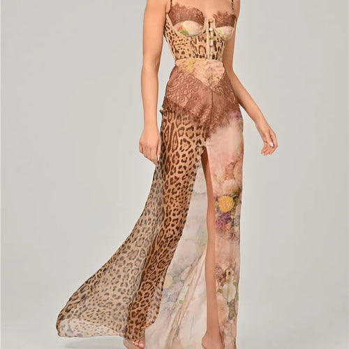 Load image into Gallery viewer, Leopard Print Lace Split Sexy Maxi Dress Women Gown Elegant Patchwork Chiffon Sleeveless Backless Beach Evening Dress
