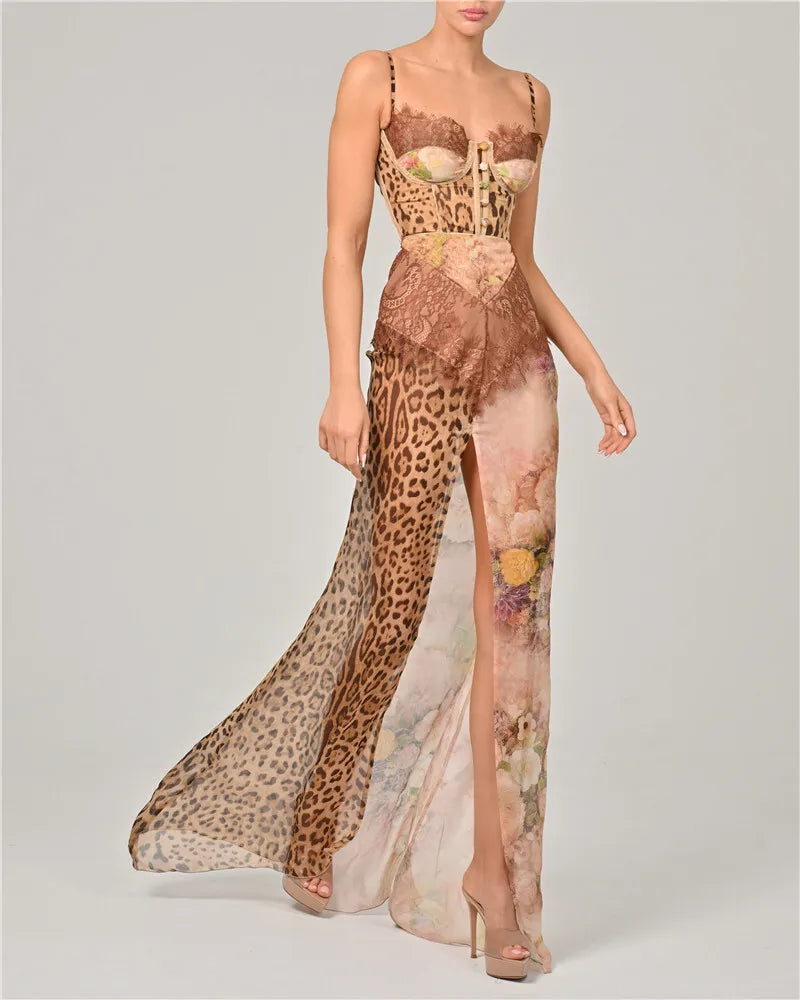 Leopard Print Lace Split Sexy Maxi Dress Women Gown Elegant Patchwork Chiffon Sleeveless Backless Beach Evening Dress