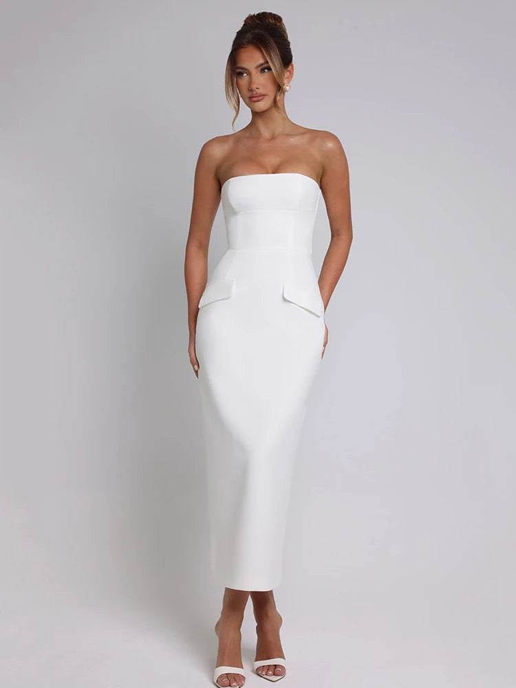 Elegant Strapless Bodycon Zipper Party Club Evening Dress Women Sexy Tight Fitting Backless Sleeveless Female Vestido