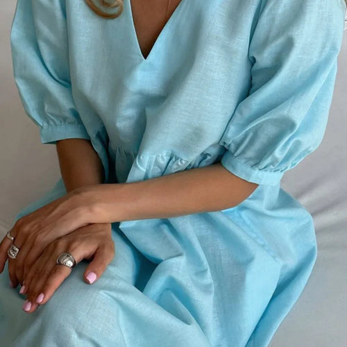 Load image into Gallery viewer, Short Puff Sleeve Maxi Dress For Women Fashion Autumn New Blue V Neck Loose Basic Casual Long Dress Elegant Gown
