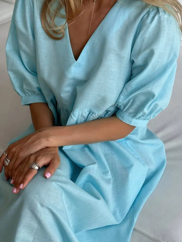 Short Puff Sleeve Maxi Dress For Women Fashion Autumn New Blue V Neck Loose Basic Casual Long Dress Elegant Gown
