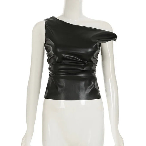 Load image into Gallery viewer, Ruched PU Leather Sexy Tank Tops For Women Fashion Oblique Shoulder Sleeveless Backless Skinny Crop Tops Elegant
