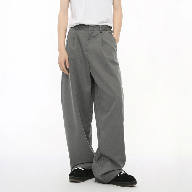 Simple Men's Suit Pants Pleated Silhouette Drooping Casual Wide Leg Trousers 2024 Male Solid Color Bottom American 9C7298