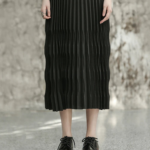 Load image into Gallery viewer, High Elastic Waist Black Pleated Shaped Elegant Midi Half-body Skirt Women Fashion Tide New Spring Autumn 2025  1DF6806
