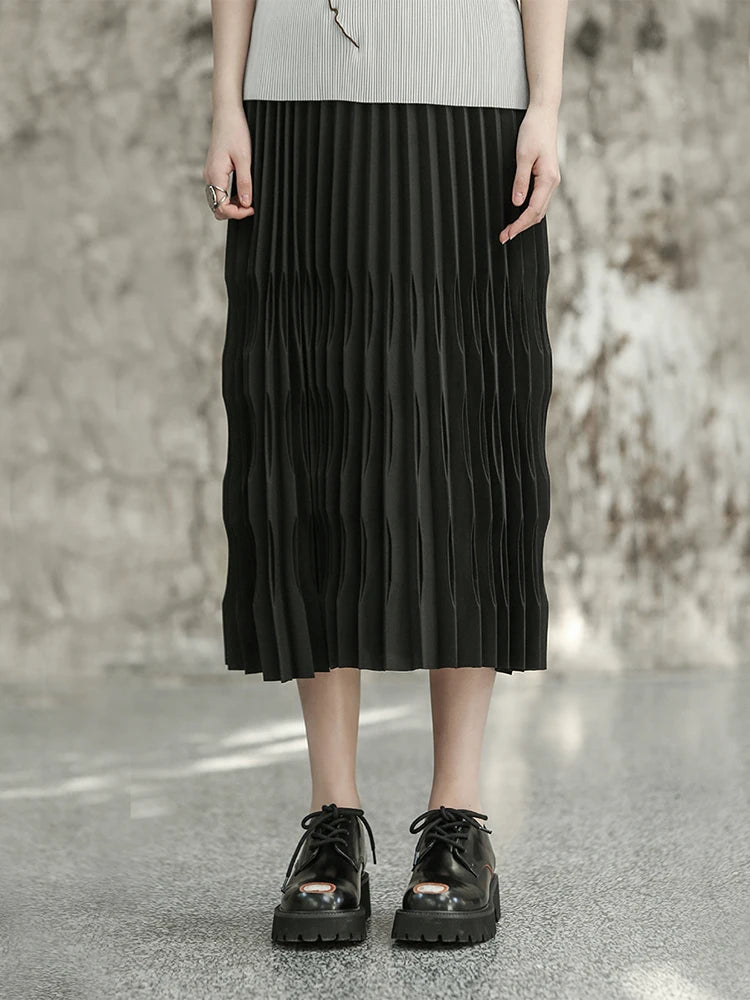 High Elastic Waist Black Pleated Shaped Elegant Midi Half-body Skirt Women Fashion Tide New Spring Autumn 2025  1DF6806