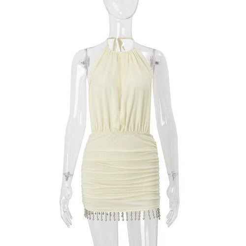 Load image into Gallery viewer, Backless Tassel Sexy Mini Dress Women Summer New Hollow Out Halter Sleeveless High Waist Ruched Skinny Club Dress
