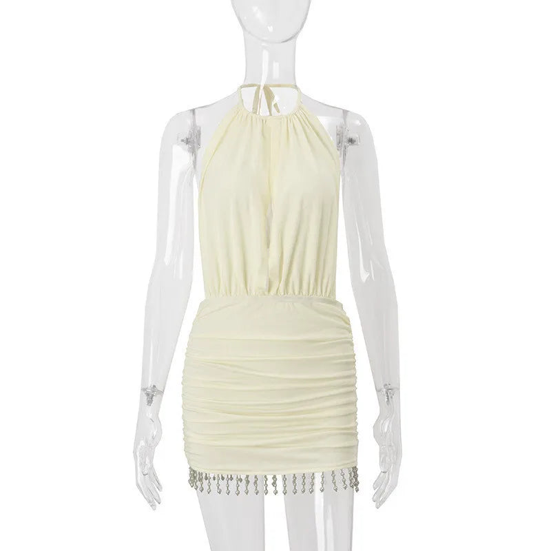 Backless Tassel Sexy Mini Dress Women Summer New Hollow Out Halter Sleeveless High Waist Ruched Skinny Club Dress