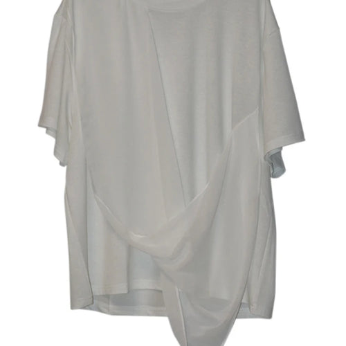 Load image into Gallery viewer, Women White Irregular Pleated Big Size Casual T-shirt New Round Neck Short Sleeve Fashion Tide Spring Summer 2025 1DJ0214
