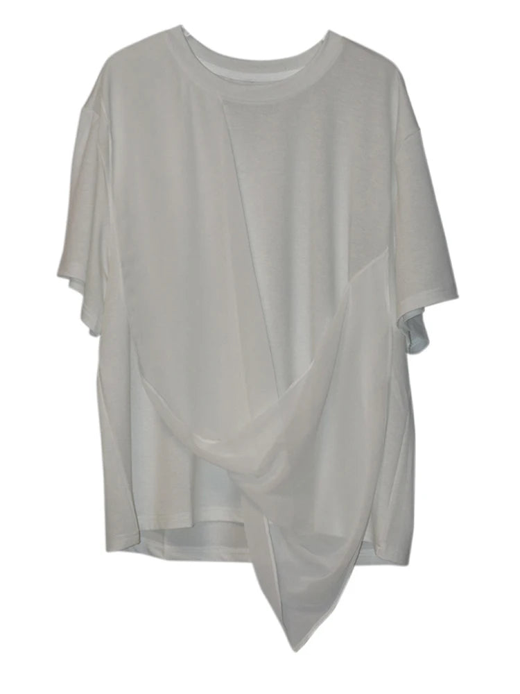 Women White Irregular Pleated Big Size Casual T-shirt New Round Neck Short Sleeve Fashion Tide Spring Summer 2025 1DJ0214