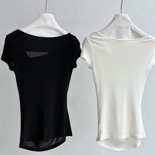 Load image into Gallery viewer, Women Black Irregular Pleated Elegant T-shirt New Skew Collar Short Sleeve Fashion Tide Spring Summer 2025 1DJ1908
