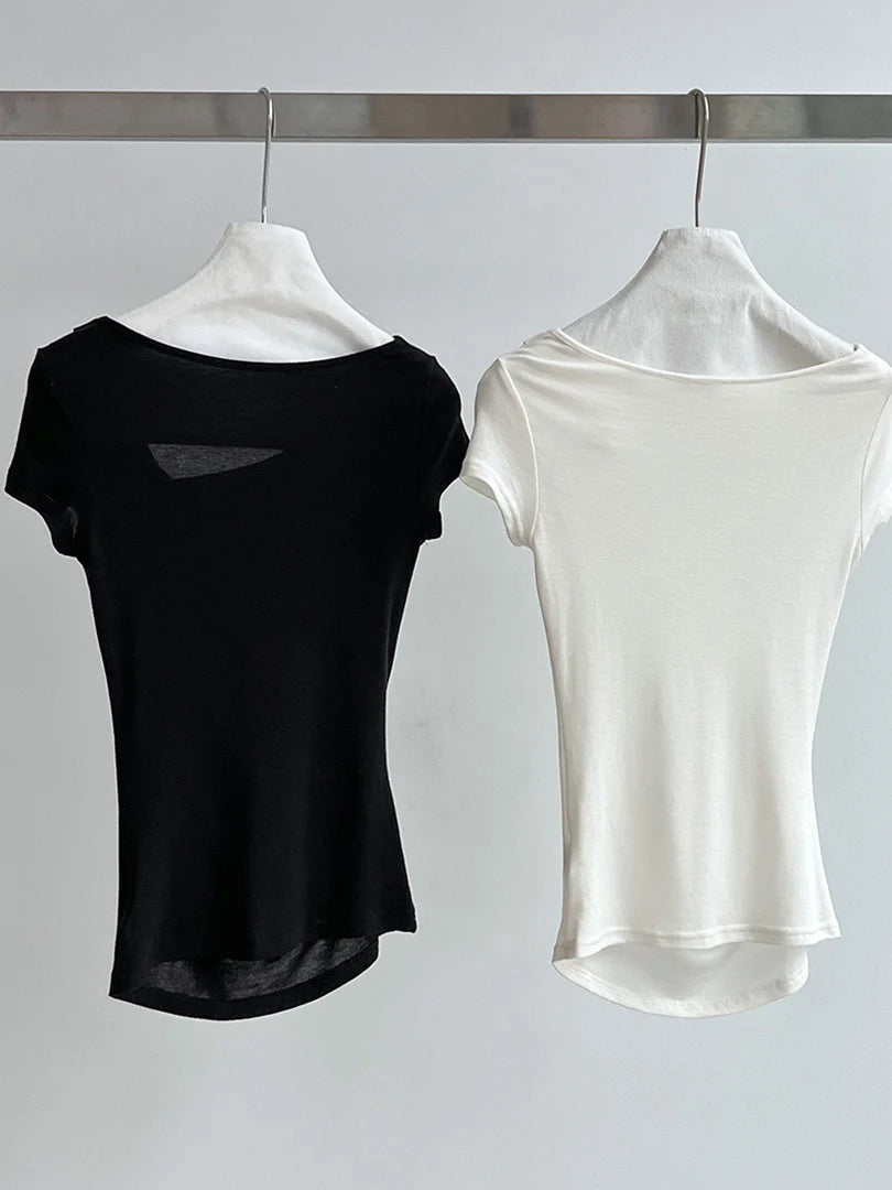 Women Black Irregular Pleated Elegant T-shirt New Skew Collar Short Sleeve Fashion Tide Spring Summer 2025 1DJ1908